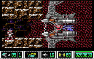 Level 2-2: Das gigantische Monster hat Kanonen und zwei Greifer, die mich fangen wollen.